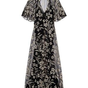 THE GREAT. Black Maxi Dress with Cream Floral Embellishment